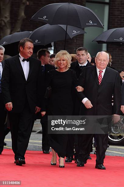 Former Soviet leader Mikhail Gorbachev and his daughter Irina Virganskaya and her husband Andrey Trukhachev attend the Gorby 80 Gala at the Royal...