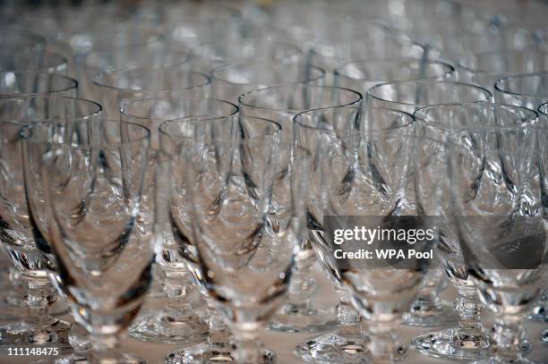 Glasses used during royal receptions are seen on display at Buckingham Palace on March 25, 2011 in London, England. Prince Prince William will marry...