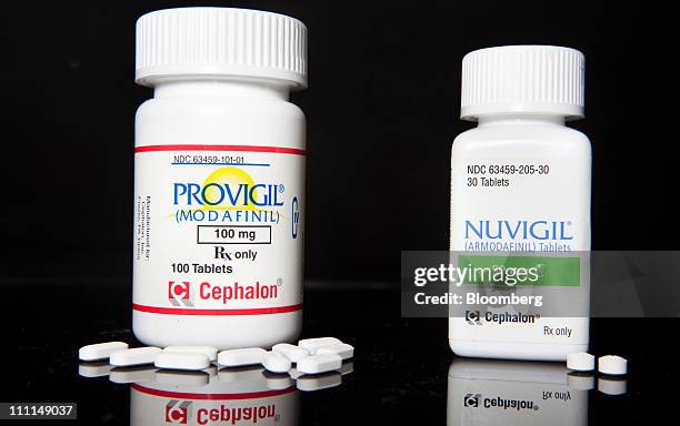 Cephalon Inc.'s Provigil and Nuvigil, both used to treat excessive sleepiness caused by narcolepsy, are arranged for photograph at a pharmacy in New...