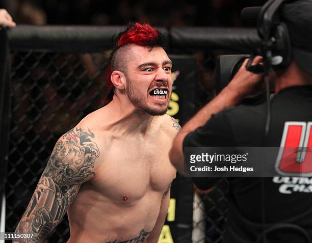 Dan Hardy in the Octagon during his bout with Anthony Johnson at the UFC Fight Night 24 event at Key Arena on March 26, 2011 in Seattle, Washington.