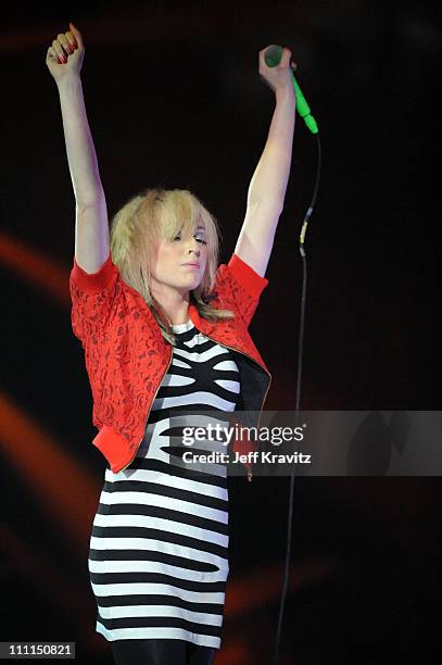 Katie White of The Ting Tings performs at the 2008 MTV Europe Music Awards held at at the Echo Arena on November 6, 2008 in Liverpool, England.