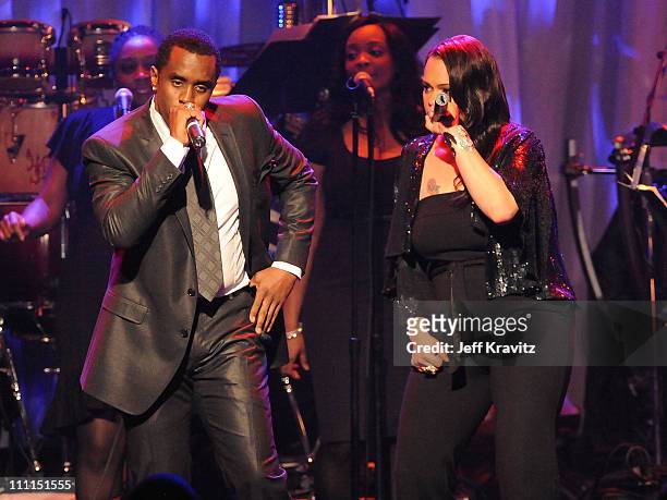 Sean "Diddy' Combs and Faith Evans perform at the 2009 GRAMMY Salute to Icons honoring Clive Davis at the Beverly Hilton Hotel on February 7, 2009 in...