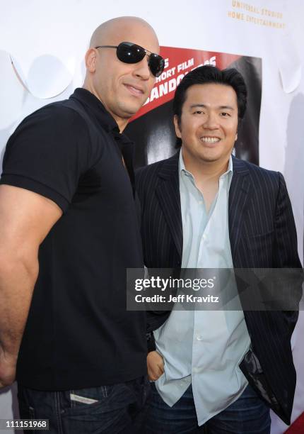 Director/writer of " Los Bandoleros" Vin Diesel and director of "Fast & Furious" Justin Lin attend Universal Studios Home Entertainment's DVD release...