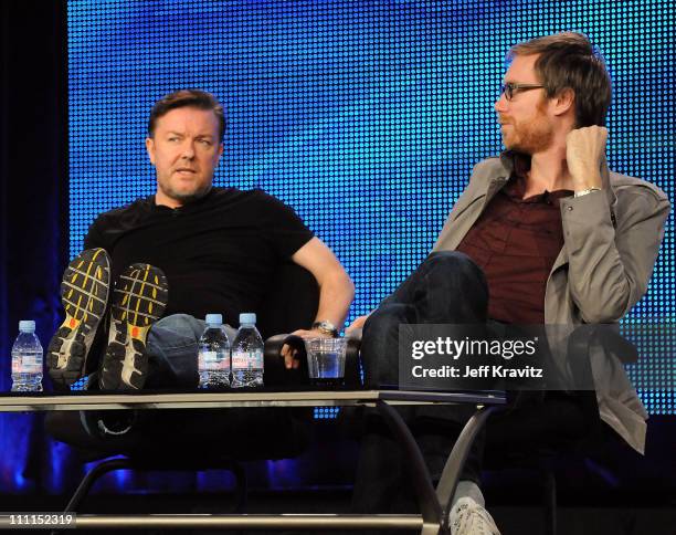 Executive producers Ricky Gervais and Stephen Merchant of "The Ricky Gervais Show" speak during the HBO portion of the 2010 Television Critics...