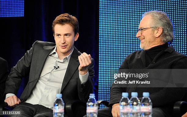 Actor Joe Mazzello and executive producer Steven Spielberg of "The Pacific" speak during the HBO portion of the 2010 Television Critics Association...