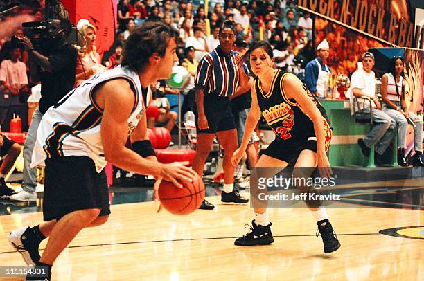 Dan Cortese and Linda Fiorentino during 1996 MTV's Rock n' Jock Basketball in Los Angeles, California, United States.