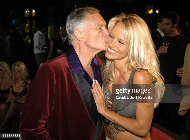 Hugh Hefner and Pamela Anderson during The Official Launch Party For Spike TV At The Playboy Mansion - Inside at The Playboy Mansion in Bel Air,...