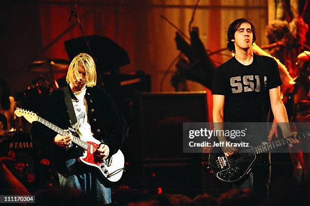 Kurt Cobain and Krist Novoselic of Nirvana during MTV Live and Loud: Nirvana Performs Live - December 1993 at Pier 28 in Seattle, Washington, United...