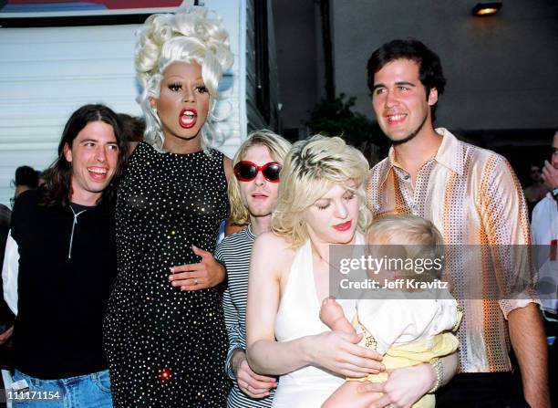 RuPaul with Dave Grohl, Kurt Cobain and Krist Novoselic of Nirvana, and Courtney Love with daughter Frances Bean Cobain