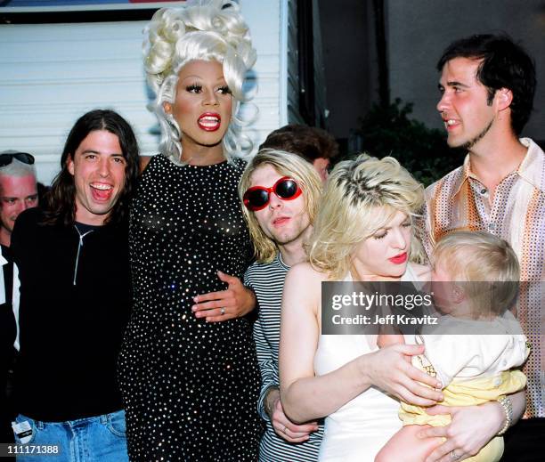 RuPaul with Dave Grohl, Kurt Cobain and Krist Novoselic of Nirvana, and Courtney Love with daughter Frances Bean Cobain