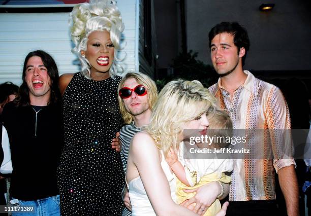 RuPaul with Dave Grohl, Kurt Cobain and Krist Novoselic of Nirvana, and Courtney Love with daughter Frances Bean Cobain