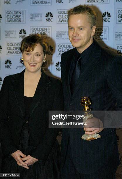 Meryl Streep, winner of the Golden Globe for Best Performance by an Actress in a Mini-Series, and Tim Robbins, winner of the Golden Globe for Best...