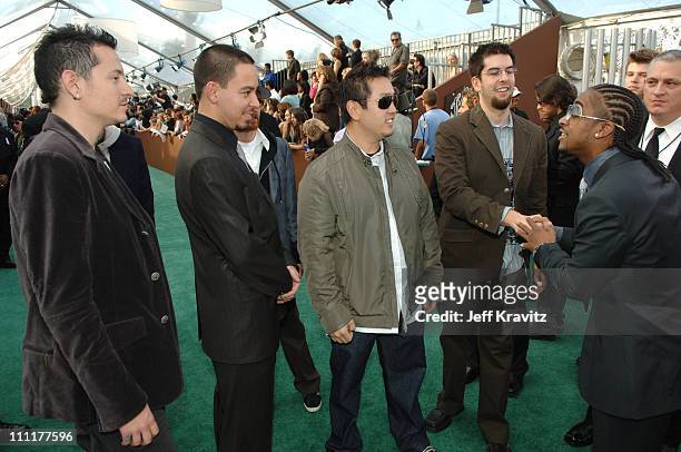 Linkin Park and Omarion during The 48th Annual GRAMMY Awards - Green Carpet at Staples Center in Los Angeles, California, United States.