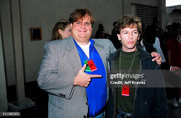 Chris Farley and David Spade during 1993 MTV Movie Awards at Sony Studios in Culver City, California, United States.