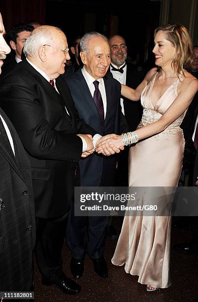 Former Soviet leader Mikhail Gorbachev, Israeli President Shimon Peres and actress Sharon Stone attend the Gorby 80 Gala at the Royal Albert Hall on...