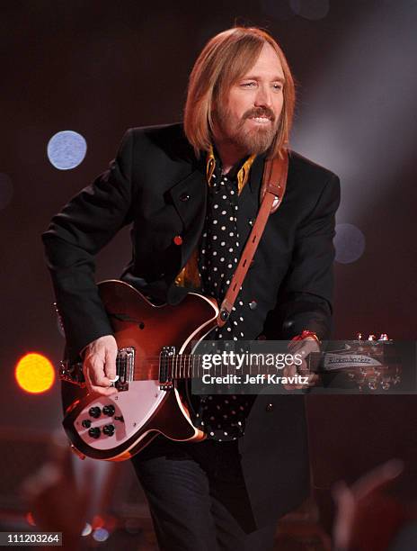 Musicians Tom Petty & The Heartbreakers perform during the 'Bridgestone Halftime Show' at Super Bowl XLII between the New York Giants and the New...