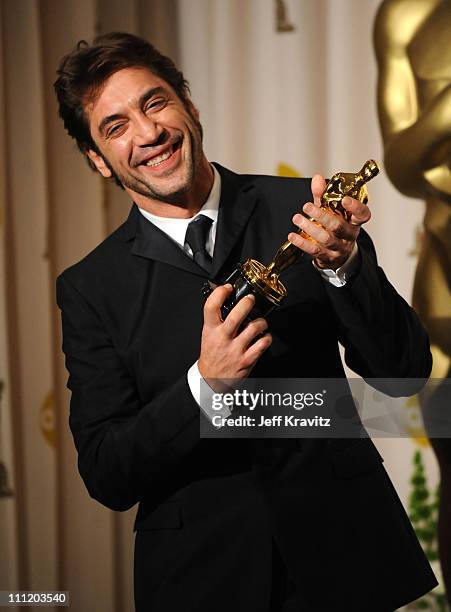 Actor Javier Bardem poses in the press room during the 80th Annual Academy Awards at the Kodak Theatre on February 24, 2008 in Los Angeles,...