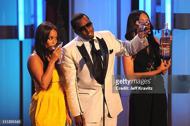 Actress Lauren London and Producer Sean 'Diddy' Combs on stage during the 2008 BET Awards at the Shrine Auditorium on June 24, 2008 in Los Angeles,...