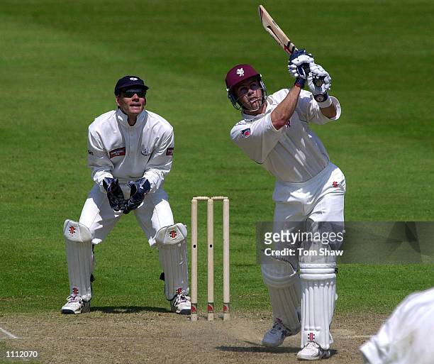 Jamie Cox of Somerset hits a massive six during the Somerset v Yorkshire Benson and Hedges Cup Quarter Final match at the County Ground, Taunton....
