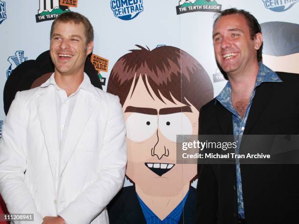 Matt Stone and Trey Parker during Comedy Central Celebrate 10 Seasons of "South Park" - Arrivals and Inside at The Lot in Los Angeles, California,...