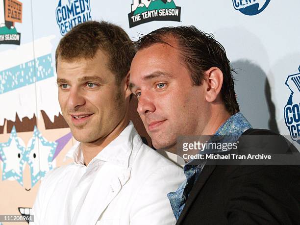 Matt Stone and Trey Parker during Comedy Central Celebrate 10 Seasons of "South Park" - Arrivals and Inside at The Lot in Los Angeles, California,...