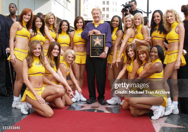 Jerry Buss and The Laker Girls during Jerry Buss Honored with a Star on the Hollywood Walk of Fame at 6801 Hollywood Blvd. In front of Hollywood &...