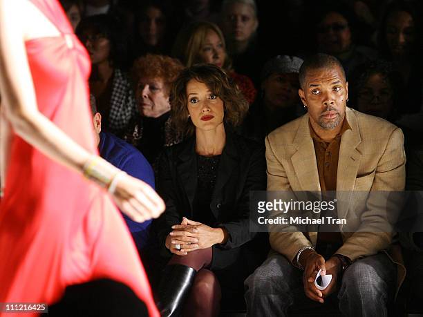 Actors Jennifer Beals and Eriq La Salle backstage and frontrow at Kevan Hall Spring 2008 collection during Los Angeles Mercedes Benz Fashion Week at...