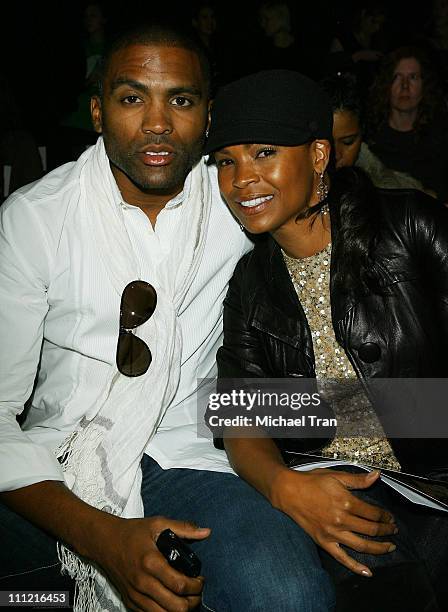 Basketball player Cuttino Mobley and actress Nia Long backstage and frontrow at Kevan Hall Spring 2008 collection during Los Angeles Mercedes Benz...