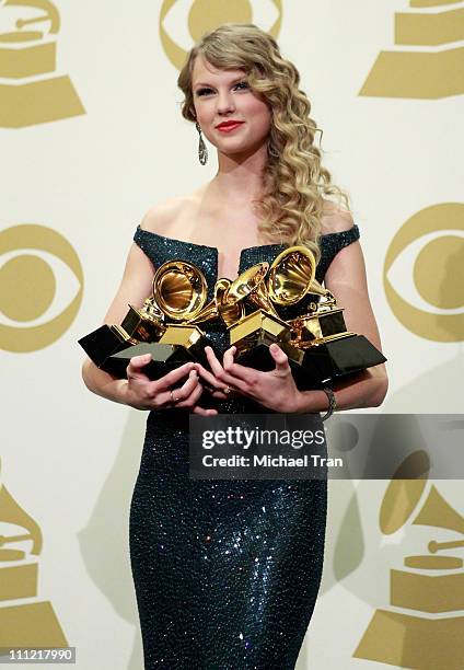 Musician Taylor Swift poses in the press room at the 52nd Annual GRAMMY Awards held at Staples Center on January 31, 2010 in Los Angeles, California.