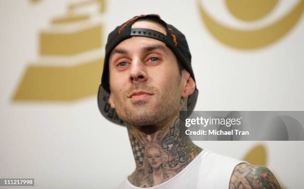 Musician Travis Barker poses in the press room at the 52nd Annual GRAMMY Awards held at Staples Center on January 31, 2010 in Los Angeles, California.