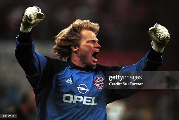 Goalkeeper Oliver Kahn of Bayern Muinch celebrates his penalty save that wins the European Cup during the match between Valencia and Bayern Munich in...