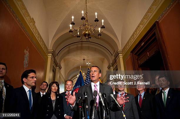 March 29: House Speaker John A. Boehner, R-Ohio, with other House Republicans during a news conference on spending talks among the Obama...