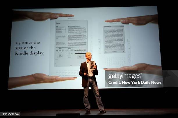 Jeff Bezos of Amazon introduces the Kindle DX at a press conference Wednesday at Pace Univerity in NY, which will be one of six schools partnering...