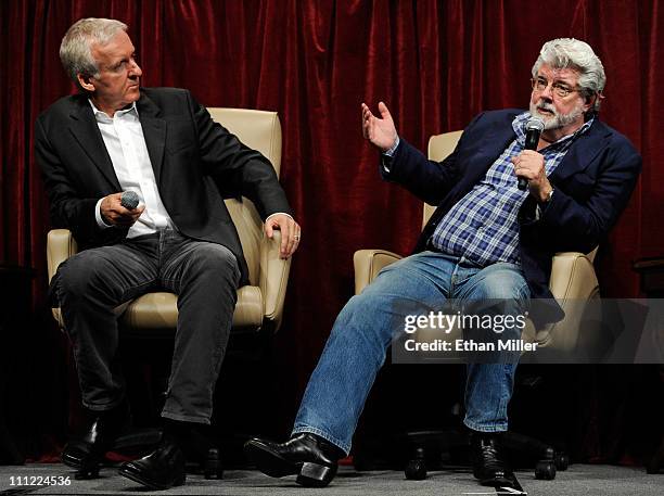 Filmmakers James Cameron and George Lucas attend a digital filmmakers forum at Caesars Palace during CinemaCon, the official convention of the...