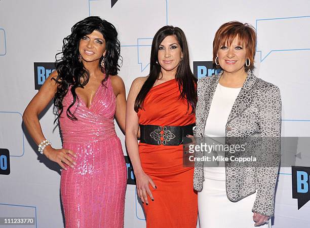 Teresa Giudice, Jacqueline Laurita, and Caroline Manzo attend the 2011 Bravo Upfront at 82 Mercer on March 30, 2011 in New York City.