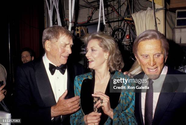Kirk Douglas, Lauren Bacall, and Burt Lancaster during The American Academy of Dramatic Arts Tribute to Kirk Douglas at Waldorf Astoria Hotel in New...