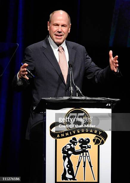 Former CEO of The Walt Disney Company Michael Eisner speaks during a dinner for former Chairman of The Walt Disney Studios Dick Cook who was...