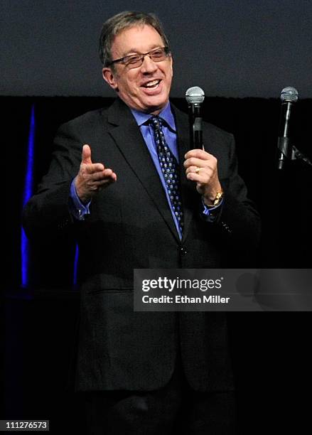 Actor/comedian Tim Allen speaks during a dinner for former Chairman of The Walt Disney Studios Dick Cook who was presented with the Will Rogers...