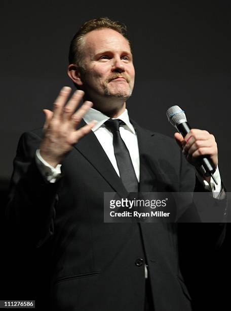 Director Morgan Spurlock accepts his Documentary Filmmaker of the Year award during CinemaCon, the official convention of the National Association of...