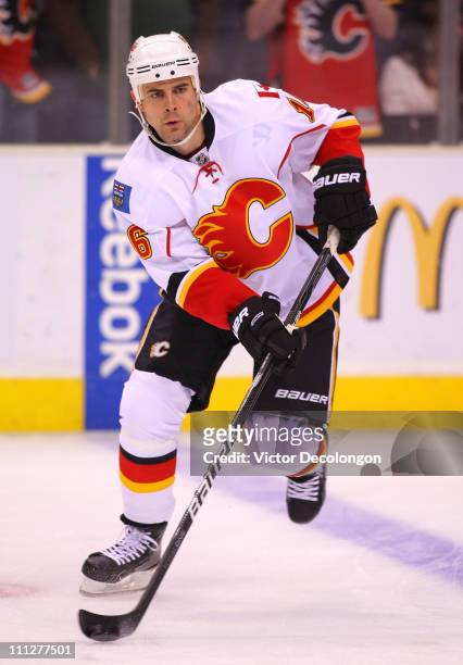 Tom Kostopoulos of the Calgary Flames skates during warm-up prior to their NHL game against the Los Angeles Kings at Staples Center on March 21, 2011...