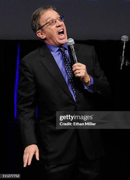 Actor/comedian Tim Allen speaks during a dinner for former Chairman of The Walt Disney Studios Dick Cook who was presented with the Will Rogers...