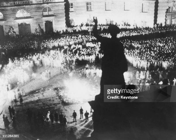 Crowd of 40,000 people watch 'un-German' books, by authors not considered to conform to Nazi ideaology, being burned in the Opernplatz, Berlin, 10th...