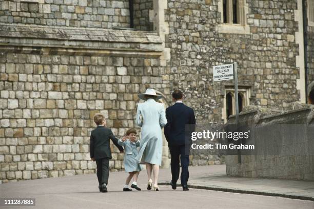 From left to right, Peter Phillips, Prince William, Diana, Princess of Wales and Prince Charles attend the Easter service at Windsor, 19th April 1987.