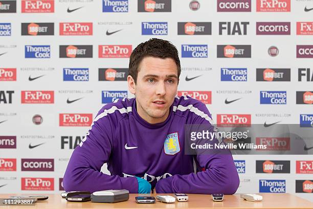 Stewart Downing of Aston Villa talks to the press during a press conference at the Aston Villa training ground Bodymoor Heath on March 31, 2011 in...
