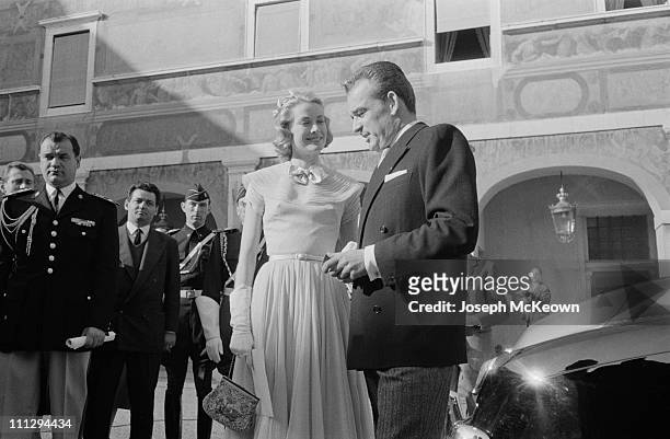 American actress Grace Kelly and Rainier III, Prince of Monaco on the day of their civil wedding ceremony at the Prince's Palace of Monaco, 18th...
