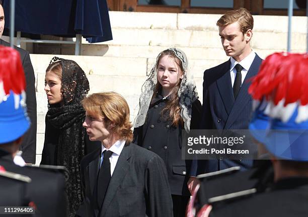 Princess Alexandra of Hanover, Pierre Casiraghi, Charlotte Casiraghi and Andrea Casiraghi attend Princess Melanie-Antoinette Funeral at Cathedrale...