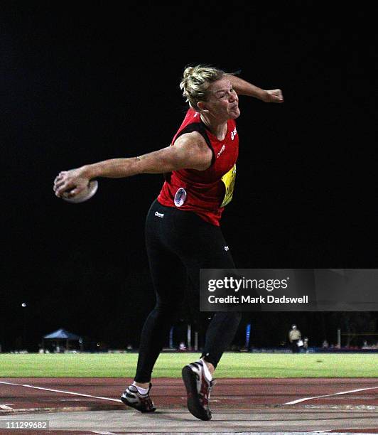 Dani Samuels of the NSWIS competes in the Womens Discus Throw Open during the Australian Athletics Tour final held at the West Australian Athletics...