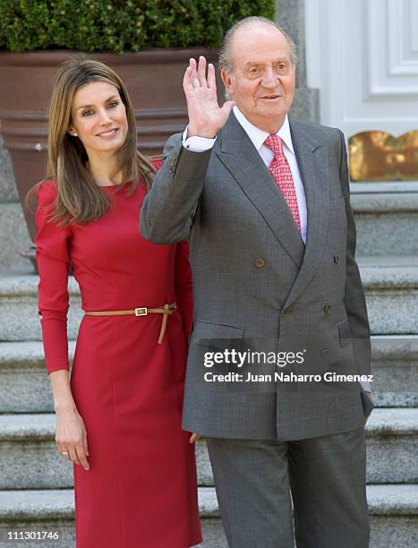 Princess Letizia of Spain and King Juan Carlos I of Spain are received at Zarzuela Palace on day two of a three day visit to Spain on March 31, 2011...