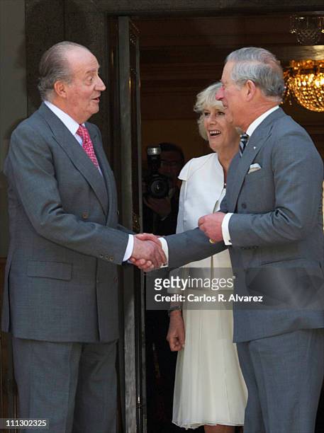 King Juan Carlos of Spain receives Camilla, Duchess of Cornwall and Prince Charles, Prince of Wales at Zarzuela Palace on day two of a three day...