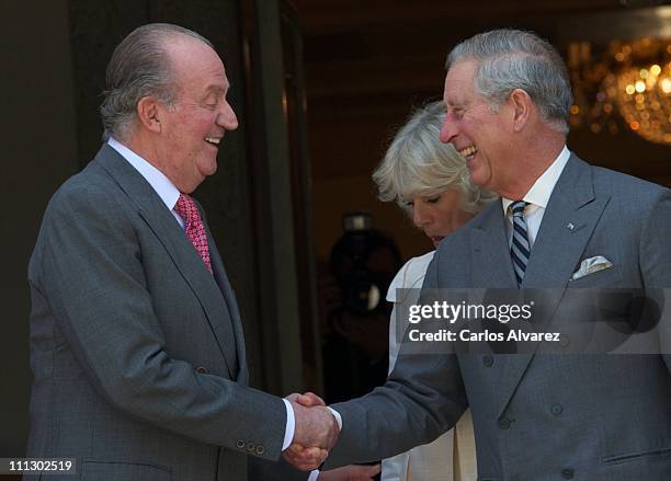 King Juan Carlos of Spain receive Camilla, Duchess of Cornwall and Prince Charles, Prince of Wales at Zarzuela Palace on day two of a three day visit...